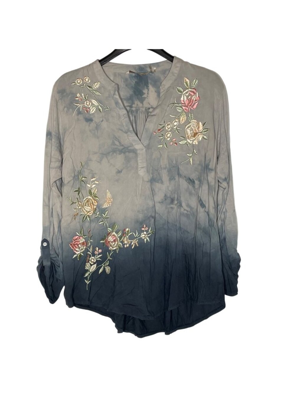 Soft Surroundings Floral Embroidered Ombre Top Sz XL Boho Roll Tab Sleeve